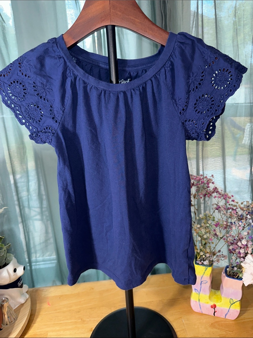 Cat & Jack Navy Blue Eyelet Sleeve Short Sleeve Tee